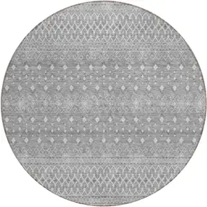 Photo of 8' Silver Gray And Ivory Round Tribal Washable Indoor Outdoor Area Rug