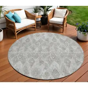 Photo of 8' Silver Gray And Pewter Round Geometric Washable Indoor Outdoor Area Rug