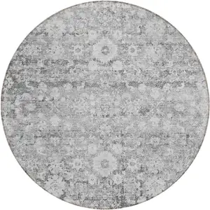 Photo of 8' Silver Gray And Pewter Round Oriental Washable Indoor Outdoor Area Rug