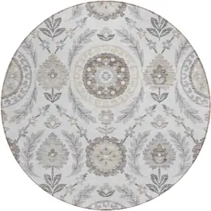 Photo of 8' Silver Gray And Taupe Round Floral Washable Indoor Outdoor Area Rug