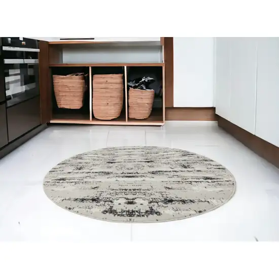 4' Silver Round Abstract Washable Non Skid Area Rug With Fringe Photo 9