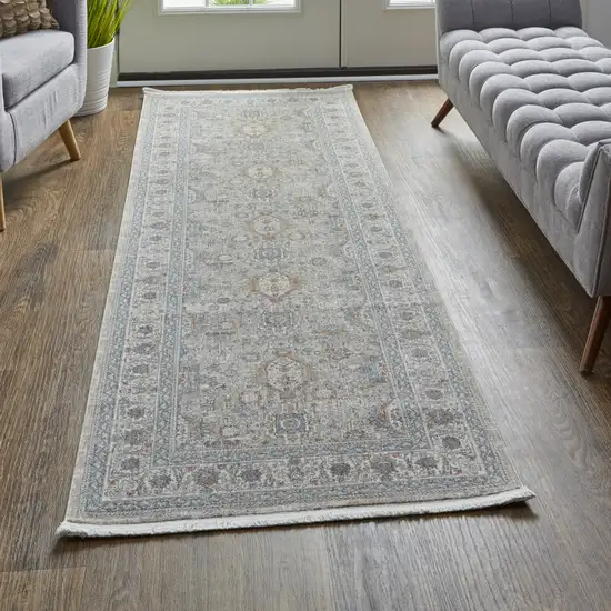 12' Silver Taupe and Blue Oriental Power Loom Worn Faded Runner Rug With Fringe Photo 9