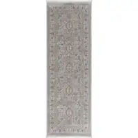 Photo of 12' Silver Taupe and Blue Oriental Power Loom Worn Faded Runner Rug With Fringe