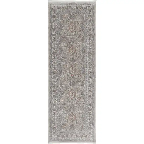 12' Silver Taupe and Blue Oriental Power Loom Worn Faded Runner Rug With Fringe Photo 2