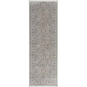 Photo of 12' Silver Taupe and Blue Oriental Power Loom Worn Faded Runner Rug With Fringe