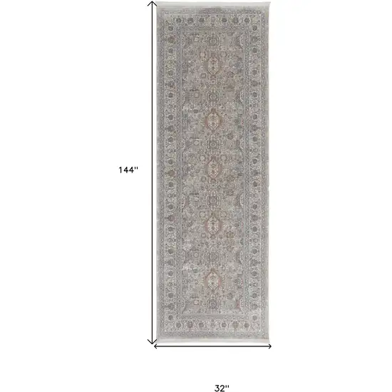 12' Silver Taupe and Blue Oriental Power Loom Worn Faded Runner Rug With Fringe Photo 3