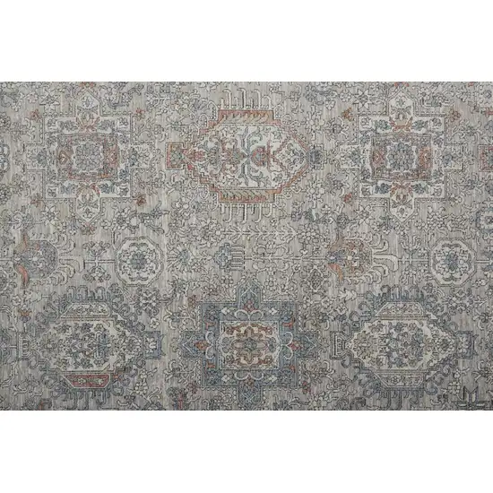 12' Silver Taupe and Blue Oriental Power Loom Worn Faded Runner Rug With Fringe Photo 5