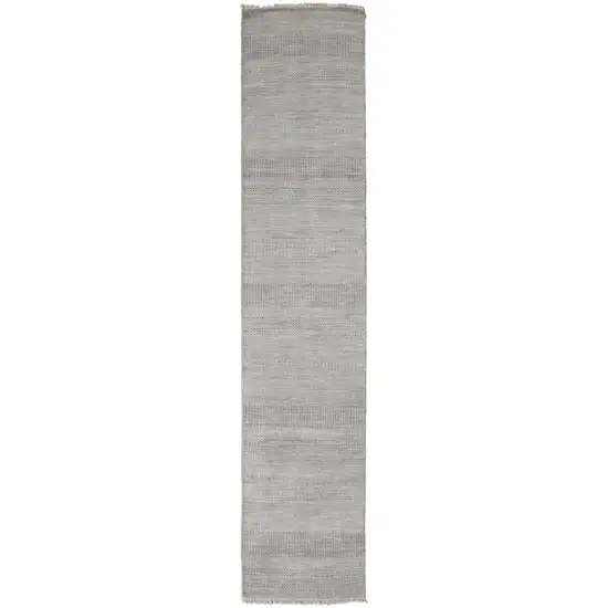 10' Silver Wool Striped Hand Knotted Runner Rug Photo 1