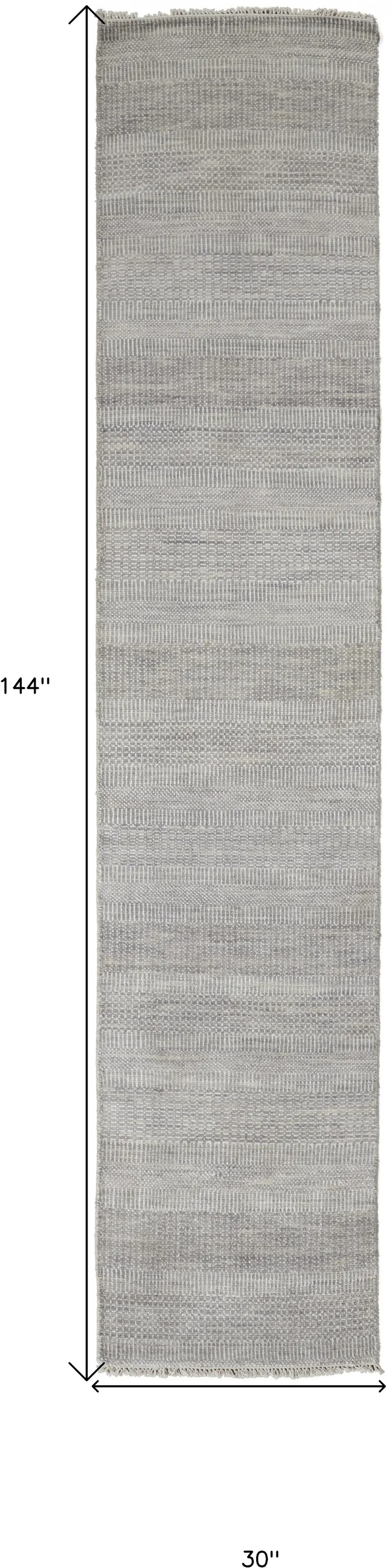 12' Silver Wool Striped Hand Knotted Runner Rug Photo 4