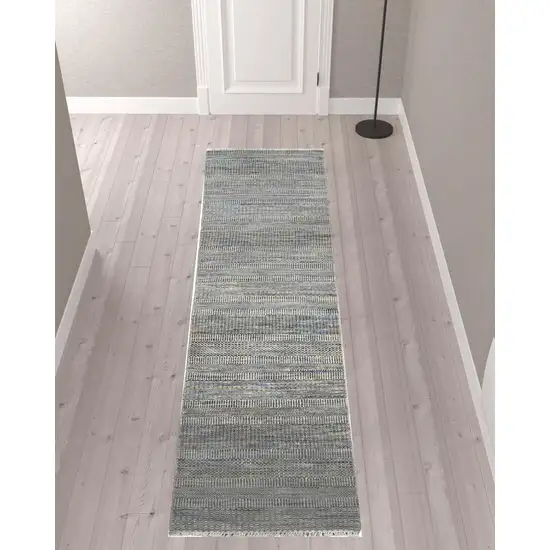 10' Silver Wool Striped Hand Knotted Runner Rug Photo 2