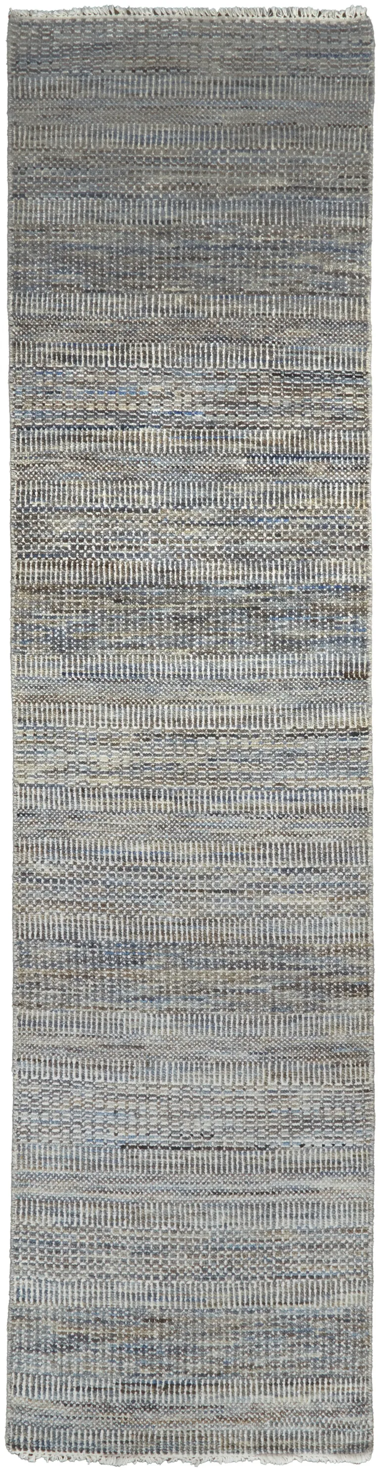 12' Silver Wool Striped Hand Knotted Runner Rug Photo 1