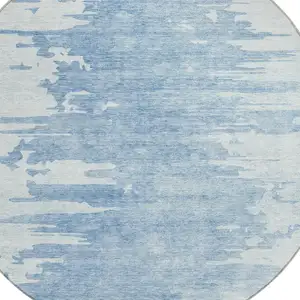 Photo of 8' Sky Blue And Denim Blue Round Abstract Washable Indoor Outdoor Area Rug