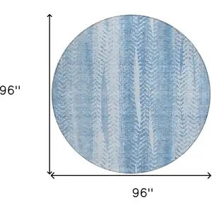 Photo of 8' Sky Blue And Denim Blue Round Botanical Leaves Washable Indoor Outdoor Area Rug