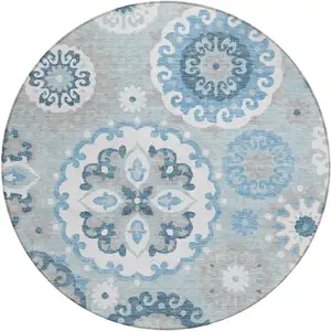 Photo of 8' Sky Blue And Denim Blue Round Floral Medallion Washable Indoor Outdoor Area Rug