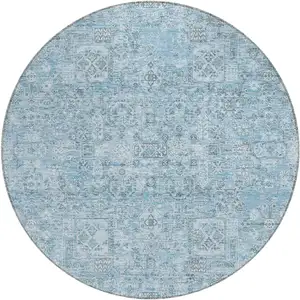 Photo of 8' Sky Blue And Denim Blue Round Floral Washable Indoor Outdoor Area Rug