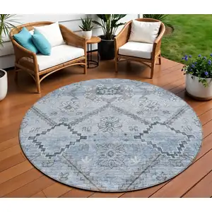 Photo of 8' Sky Blue And Denim Blue Round Floral Washable Indoor Outdoor Area Rug