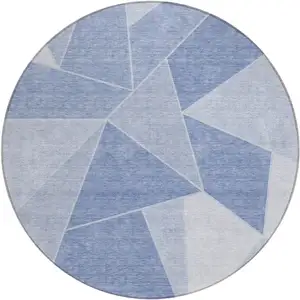 Photo of 8' Sky Blue And Denim Blue Round Geometric Washable Indoor Outdoor Area Rug