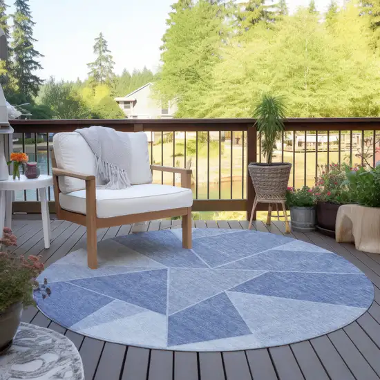 8' Sky Blue And Denim Blue Round Geometric Washable Indoor Outdoor Area Rug Photo 6