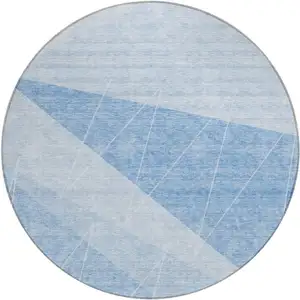 Photo of 8' Sky Blue And Denim Blue Round Geometric Washable Indoor Outdoor Area Rug