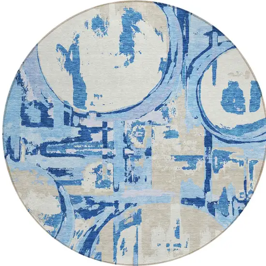 8' Sky Blue And Denim Blue Round Geometric Washable Indoor Outdoor Area Rug Photo 3