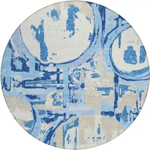 Photo of 8' Sky Blue And Denim Blue Round Geometric Washable Indoor Outdoor Area Rug