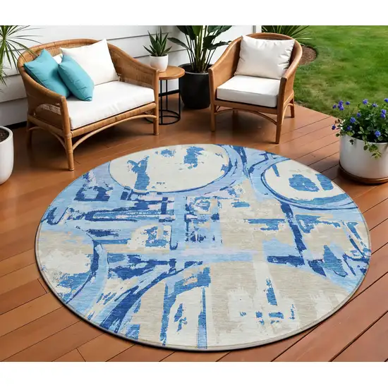 8' Sky Blue And Denim Blue Round Geometric Washable Indoor Outdoor Area Rug Photo 2