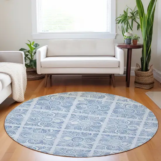 8' Sky Blue And Denim Blue Round Medallion Washable Indoor Outdoor Area Rug Photo 7