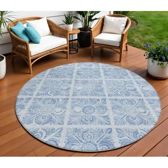 8' Sky Blue And Denim Blue Round Medallion Washable Indoor Outdoor Area Rug Photo 1