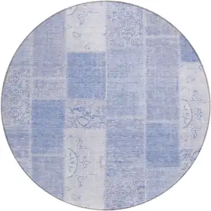 Photo of 8' Sky Blue And Denim Blue Round Patchwork Washable Indoor Outdoor Area Rug