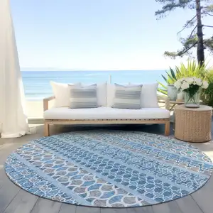 Photo of 8' Sky Blue And Denim Blue Round Quatrefoil Washable Indoor Outdoor Area Rug