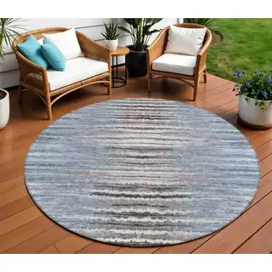 Photo of 8' Sky Blue And Denim Blue Round Striped Washable Indoor Outdoor Area Rug