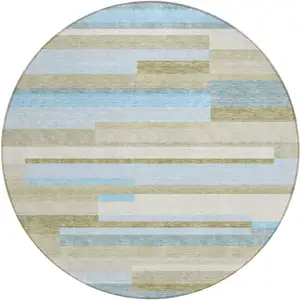 Photo of 8' Sky Blue And Denim Blue Round Striped Washable Indoor Outdoor Area Rug