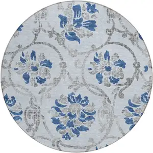 Photo of 8' Sky Blue And Gray Round Floral Washable Indoor Outdoor Area Rug