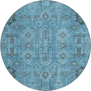 Photo of 8' Sky Blue And Gray Round Oriental Washable Indoor Outdoor Area Rug