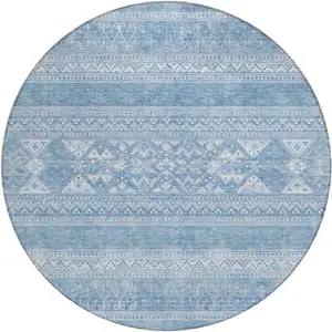 Photo of 8' Sky Blue And Ivory Round Southwestern Washable Indoor Outdoor Area Rug