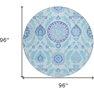 Photo of 8' Sky Blue And Lavender Round Floral Washable Indoor Outdoor Area Rug