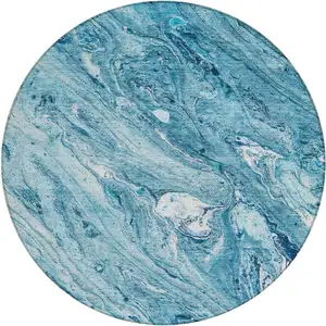 Photo of 8' Sky Blue And Navy Blue Round Abstract Washable Indoor Outdoor Area Rug