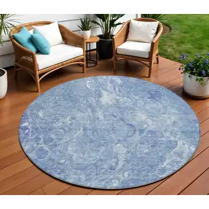 Photo of 8' Sky Blue And Navy Blue Round Abstract Washable Indoor Outdoor Area Rug