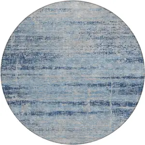 Photo of 8' Sky Blue And Navy Blue Round Abstract Washable Indoor Outdoor Area Rug