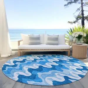 Photo of 8' Sky Blue Denim Blue And Ivory Round Abstract Washable Indoor Outdoor Area Rug