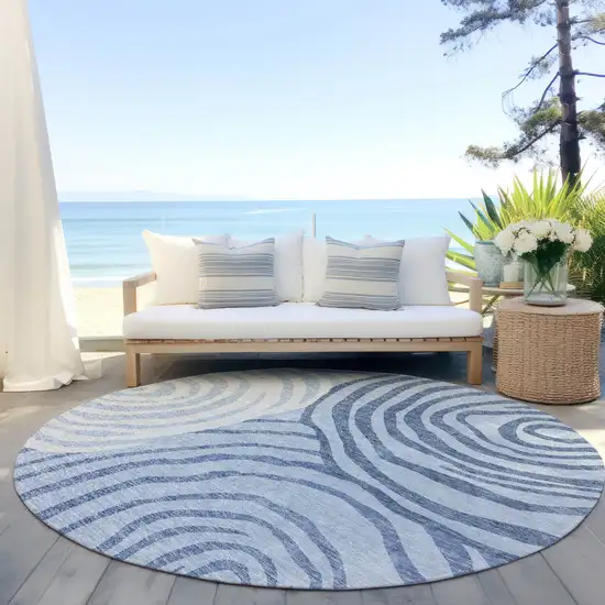 8' Sky Blue Denim Blue And Ivory Round Abstract Washable Indoor Outdoor Area Rug Photo 5