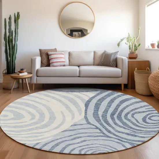 8' Sky Blue Denim Blue And Ivory Round Abstract Washable Indoor Outdoor Area Rug Photo 6