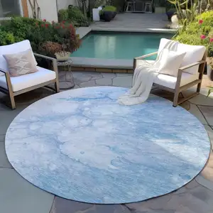 Photo of 8' Sky Blue Denim Blue And Silver Round Abstract Washable Indoor Outdoor Area Rug