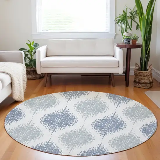 8' Sky Blue Ivory And Denim Blue Round Ikat Washable Indoor Outdoor Area Rug Photo 7