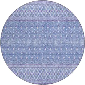 Photo of 8' Sky Blue Purple And Ivory Round Tribal Washable Indoor Outdoor Area Rug