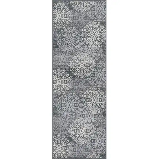 8' Slate And Gray Medallion Power Loom Stain Resistant Runner Rug Photo 1