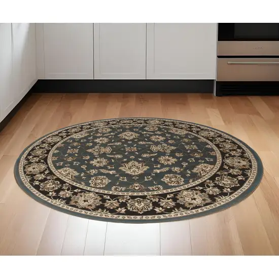 6' Slate Blue Black and Ivory Floral Round Rug Photo 1