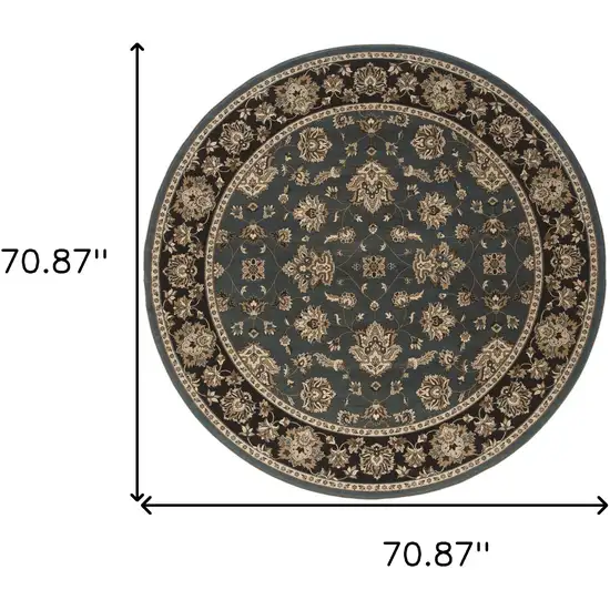 6' Slate Blue Black and Ivory Floral Round Rug Photo 3