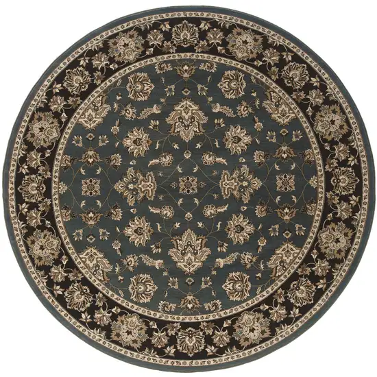 6' Slate Blue Black and Ivory Floral Round Rug Photo 2