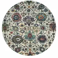 Photo of 8' Stone Grey Purple Green Gold And Teal Round Oriental Power Loom Stain Resistant Area Rug